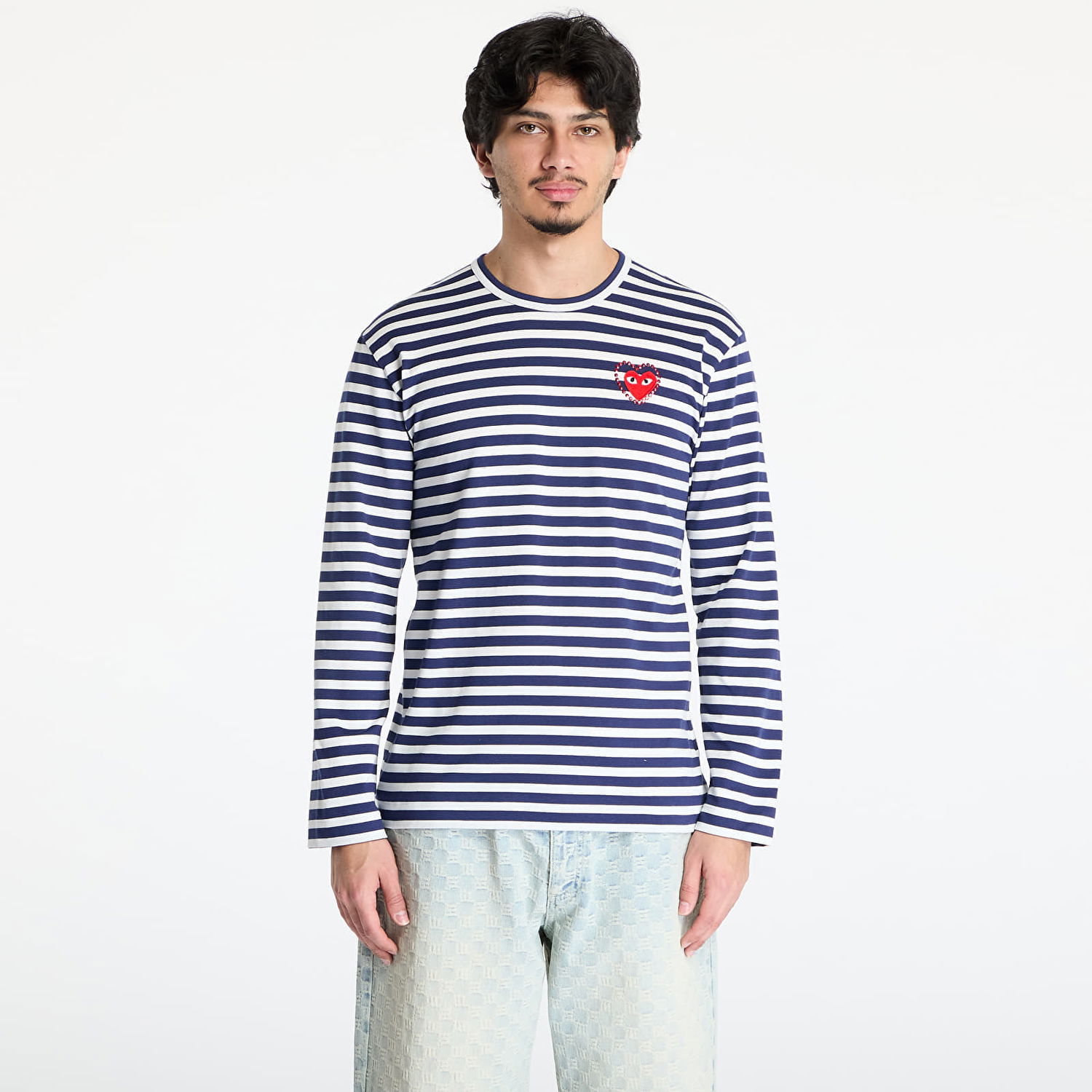 T-shirt Comme des Garçons Comme des Garçons PLAY Stripe Emblem Long Sleeve Tee Mørkeblå | AX-T806 NAVYxWHITE, 0