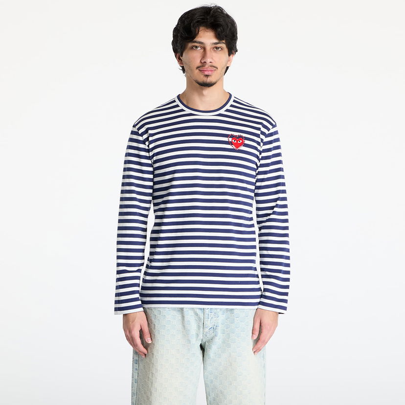 T-shirt Comme des Garçons Comme des Garçons PLAY Stripe Emblem Long Sleeve Tee Mørkeblå | AX-T806 NAVYxWHITE