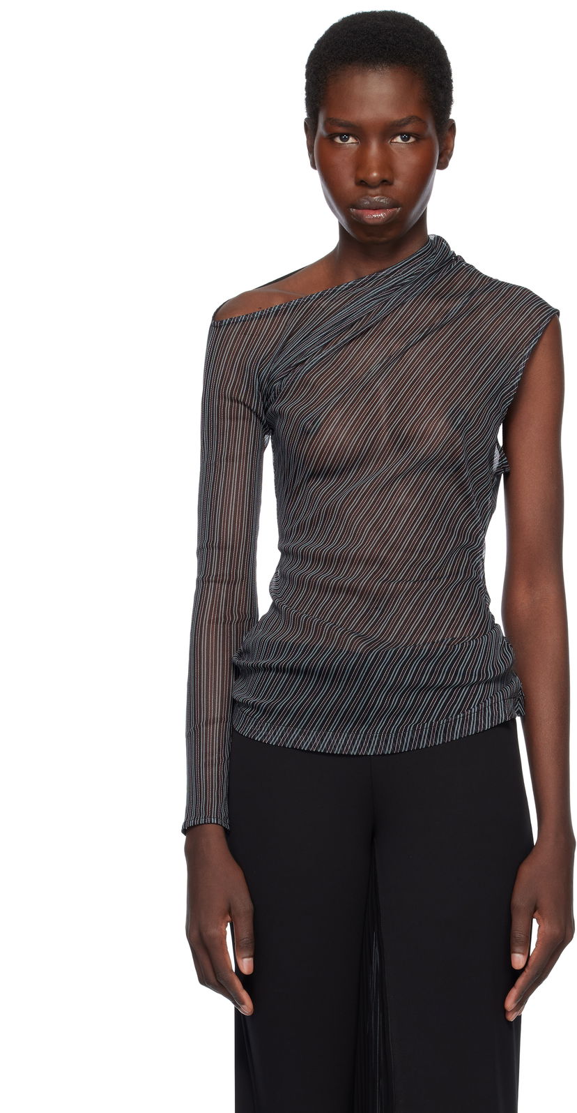 T-shirt Courrèges Courrèges Asymmetric Striped Mesh Top Sort | 125JTO387PR0099