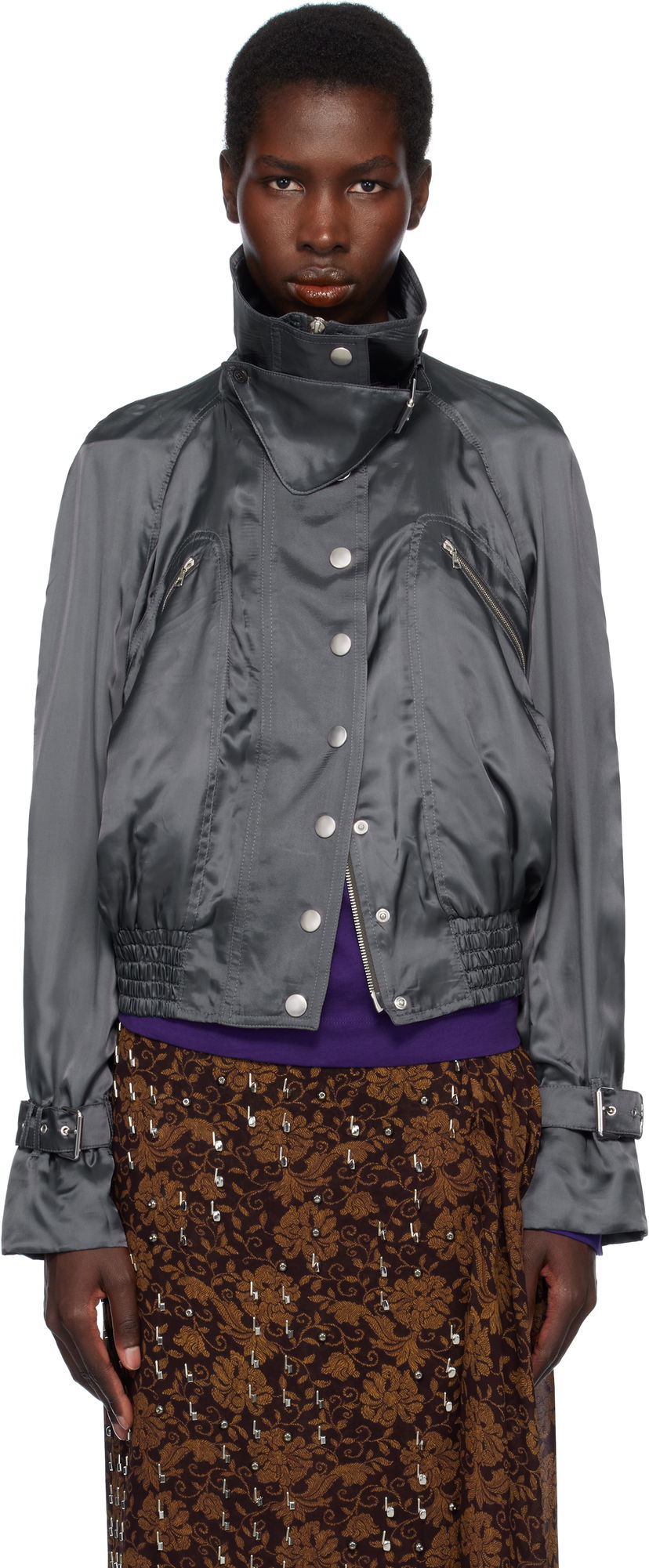 Bomberjakke Dries Van Noten Dries Van Noten Satin Bomber Jacket Grå | 251-010506-1427