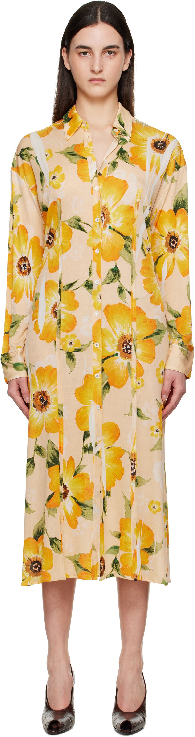 Kjole Acne Studios Acne Studios Button-Up Floral Print Midi Dress Gul | A20803-