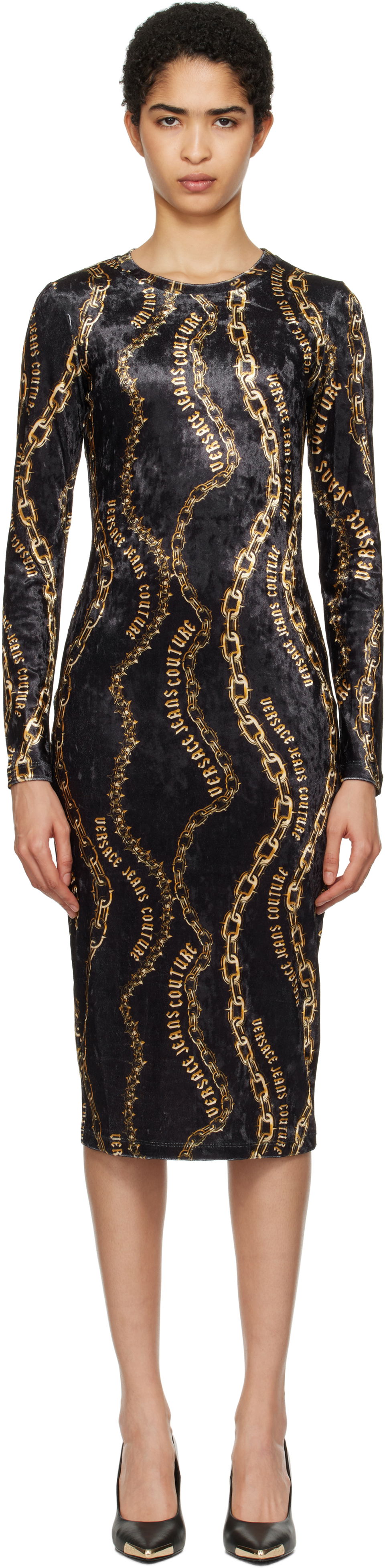 Kjole Versace Chain Couture Velvet Midi Dress Sort | E77HAO9B0_EJS367, 0