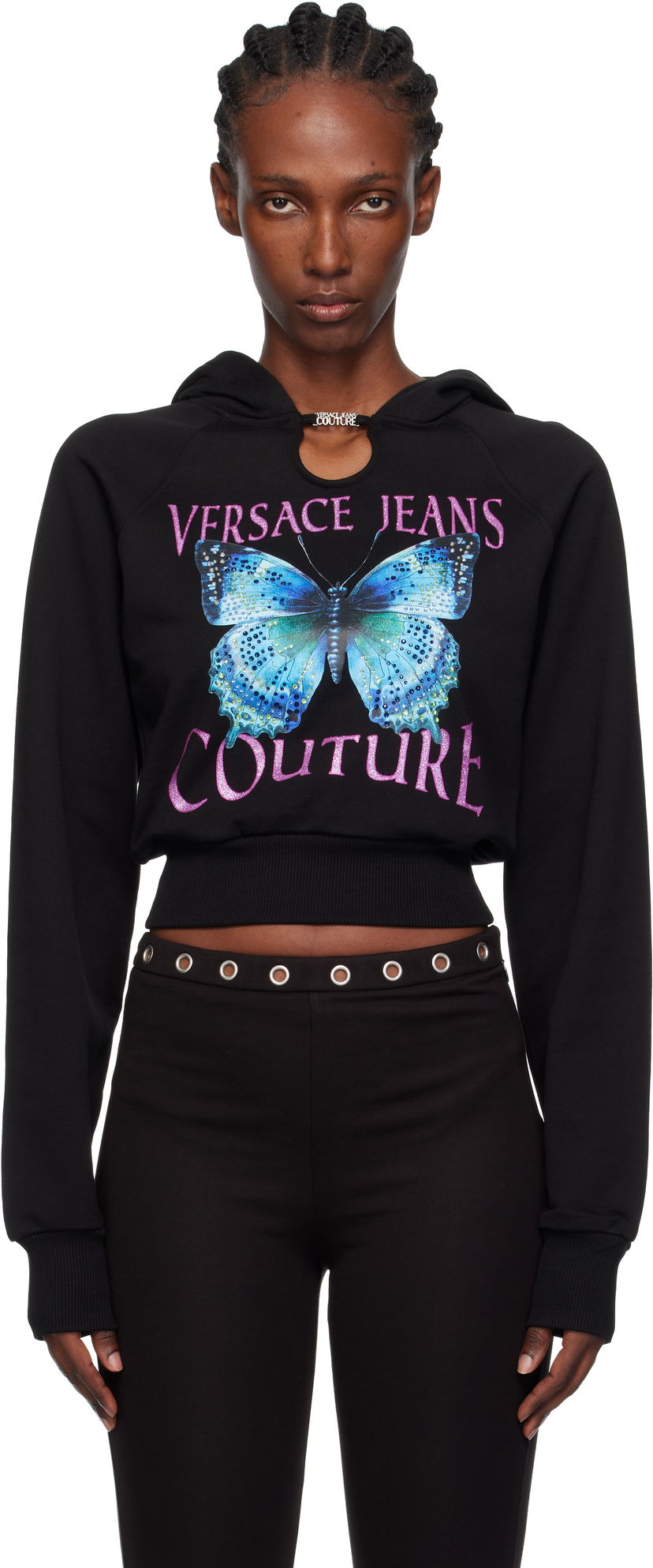Sweatshirt Versace Versace Jeans Couture Butterfly Graphic Cropped Hoodie with Keyhole Detail Sort | 79HAIB01-CFB00
