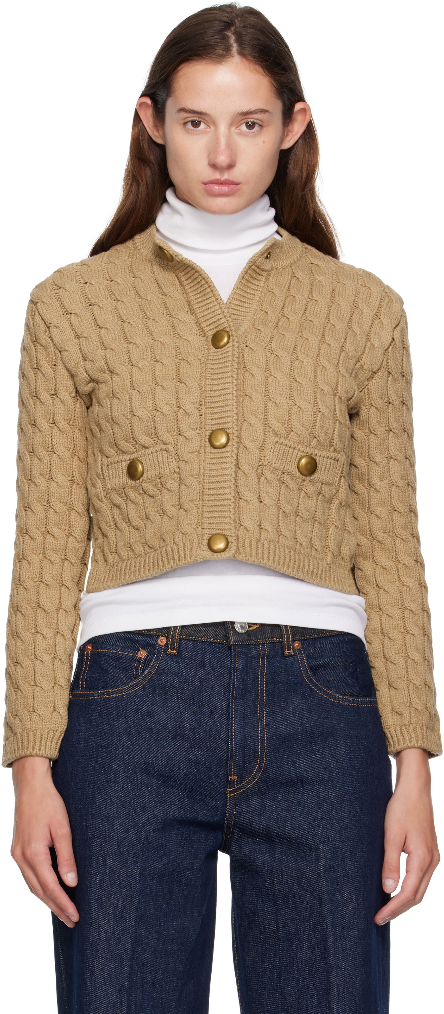 Sweater Moncler Moncler Cotton Blend Knit Cropped Cardigan Beige | 0939B00004M7105, 0