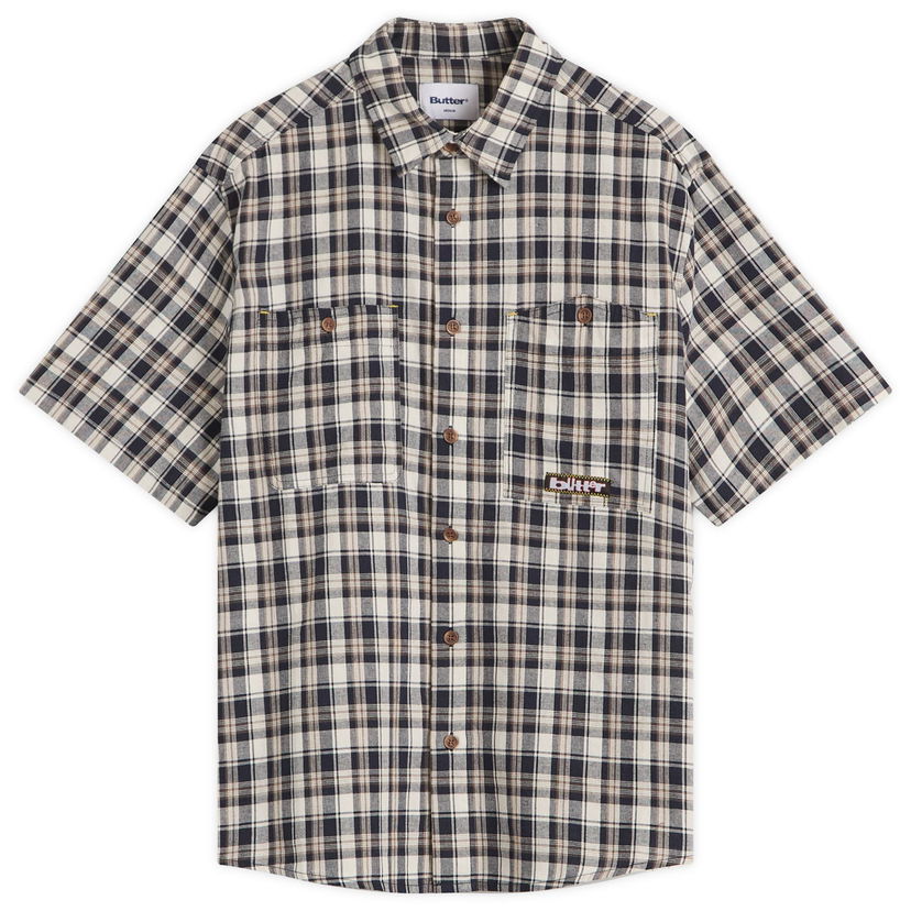 Skjorte Butter Goods Butter Goods Asymmetrical Short Sleeve Shirt Beige | BG251403-BLU