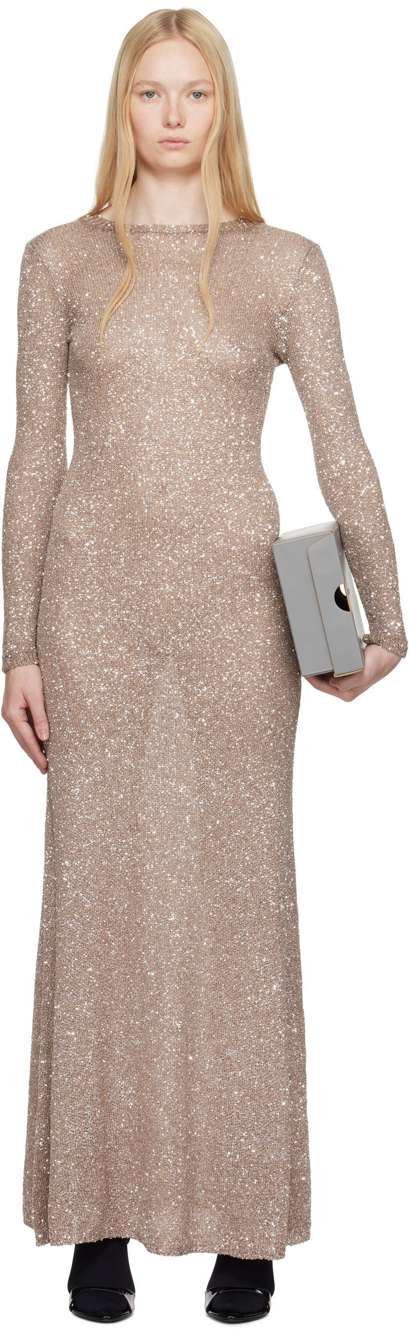 Kjole Balenciaga Balenciaga Sequin Maxi Dress Beige | 818990 T7196