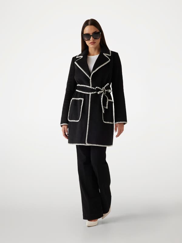 Frakker GUESS Wool Blend Coat with Contrast Stitching Sort | W5RL19WGVR2, 0