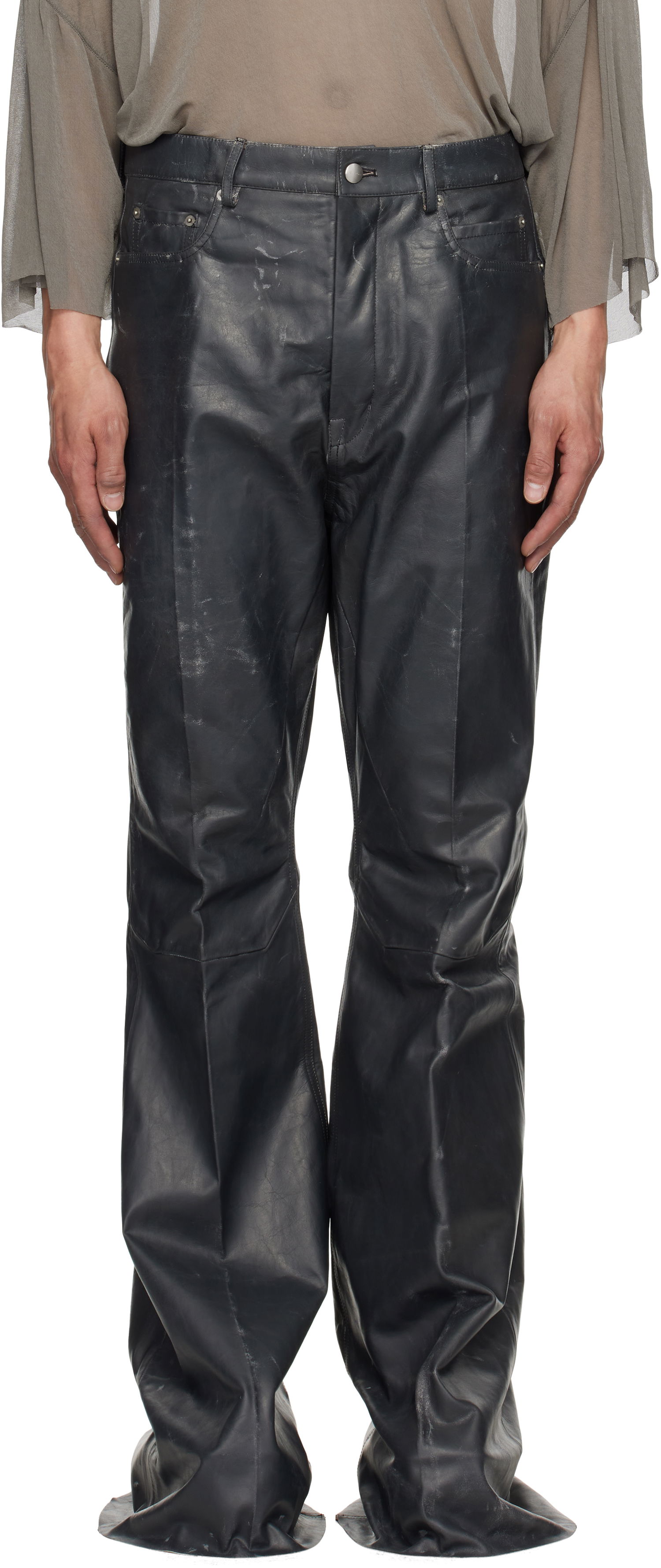 Bukser Rick Owens Rick Owens Hollywood Bolan Bootcut Leather Pants Sort | RU01E5335 LTP, 0
