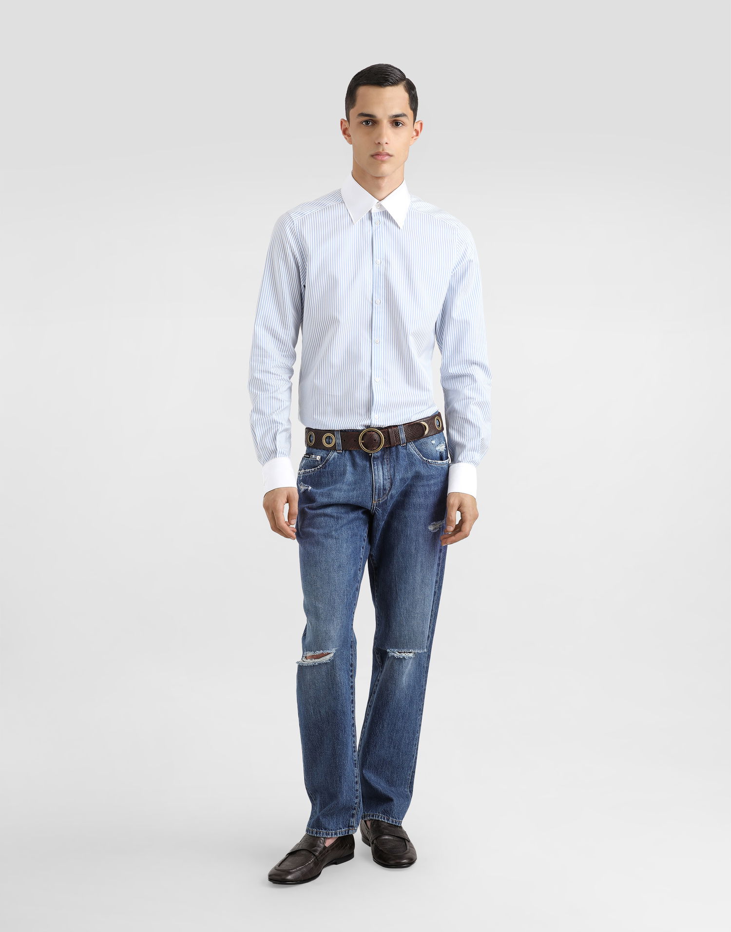 Skjorte Dolce & Gabbana Dolce & Gabbana Striped Cotton Shirt with White Collar and Cuffs Blå | G5MM4ZFBTAKS8051, 1