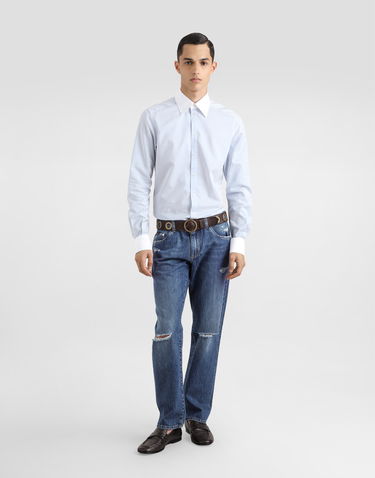Skjorte Dolce & Gabbana Dolce & Gabbana Striped Cotton Shirt with White Collar and Cuffs Blå | G5MM4ZFBTAKS8051, 1