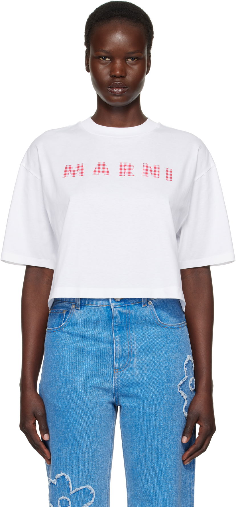 Crop top Marni Marni Cropped Checked Logo T-Shirt Hvid | THJE0333P6 USCX52