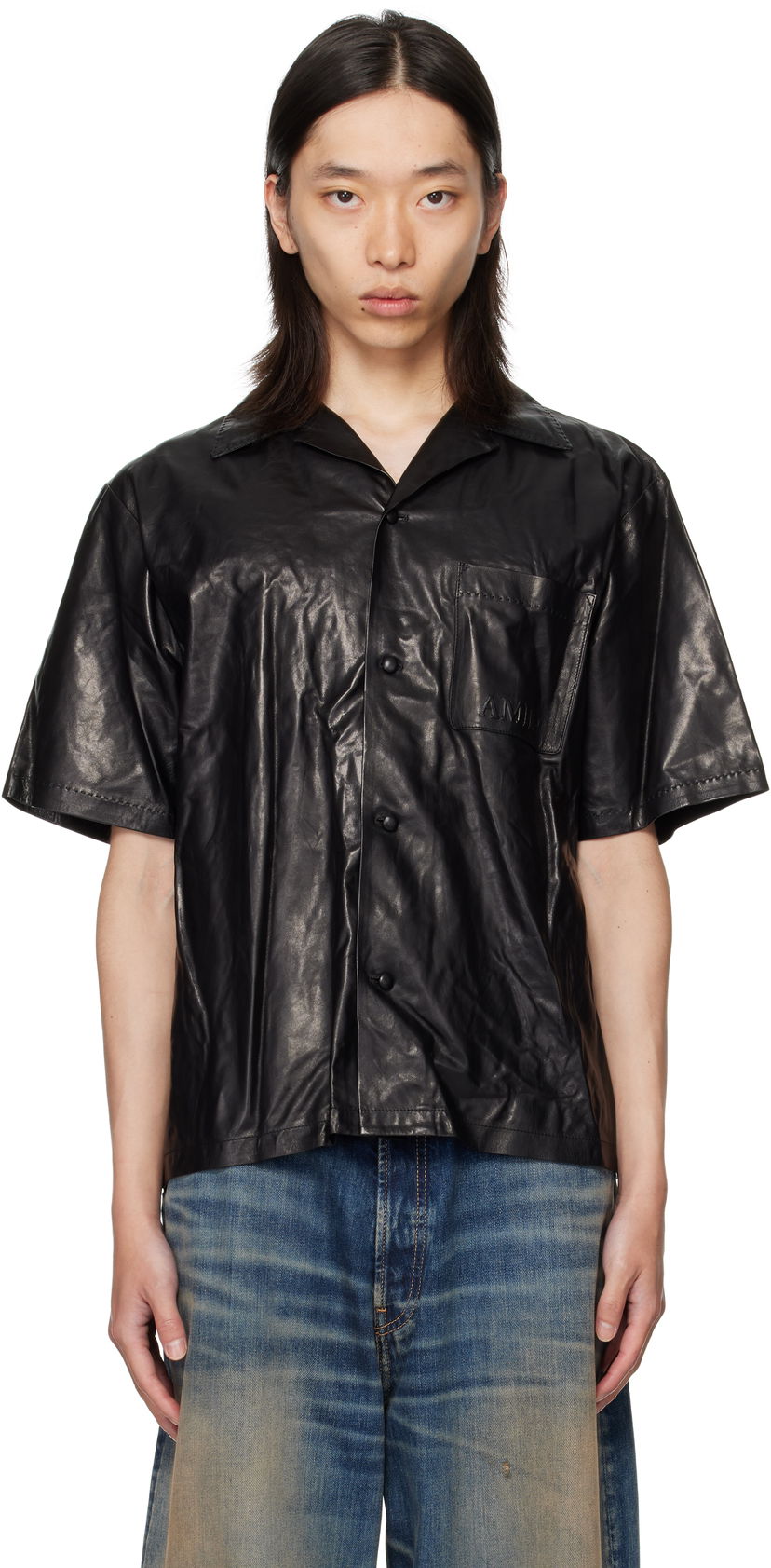 Skjorte AMIRI AMIRI Lightweight Camp Leather Shirt Sort | AMLTIR1017