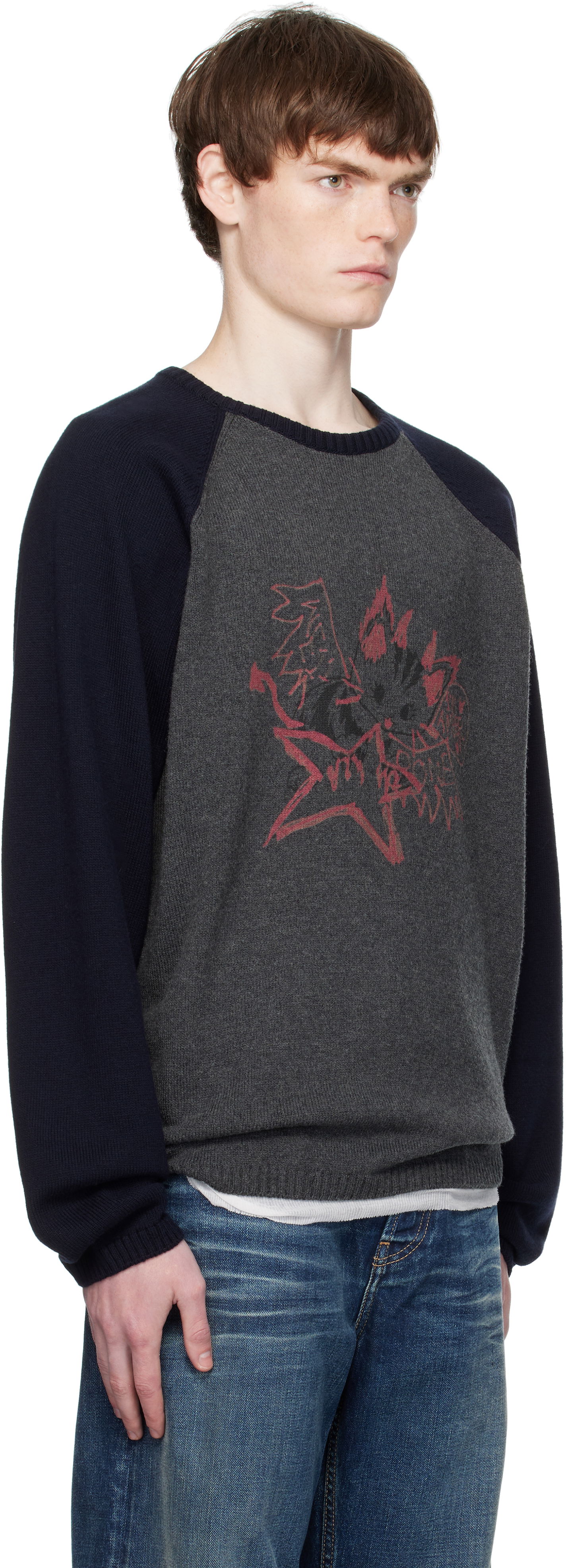 Sweater We11done We11done Printed Raglan Knit Pullover Sweater Grå | WD-KO2-25-659-U-CH, 1