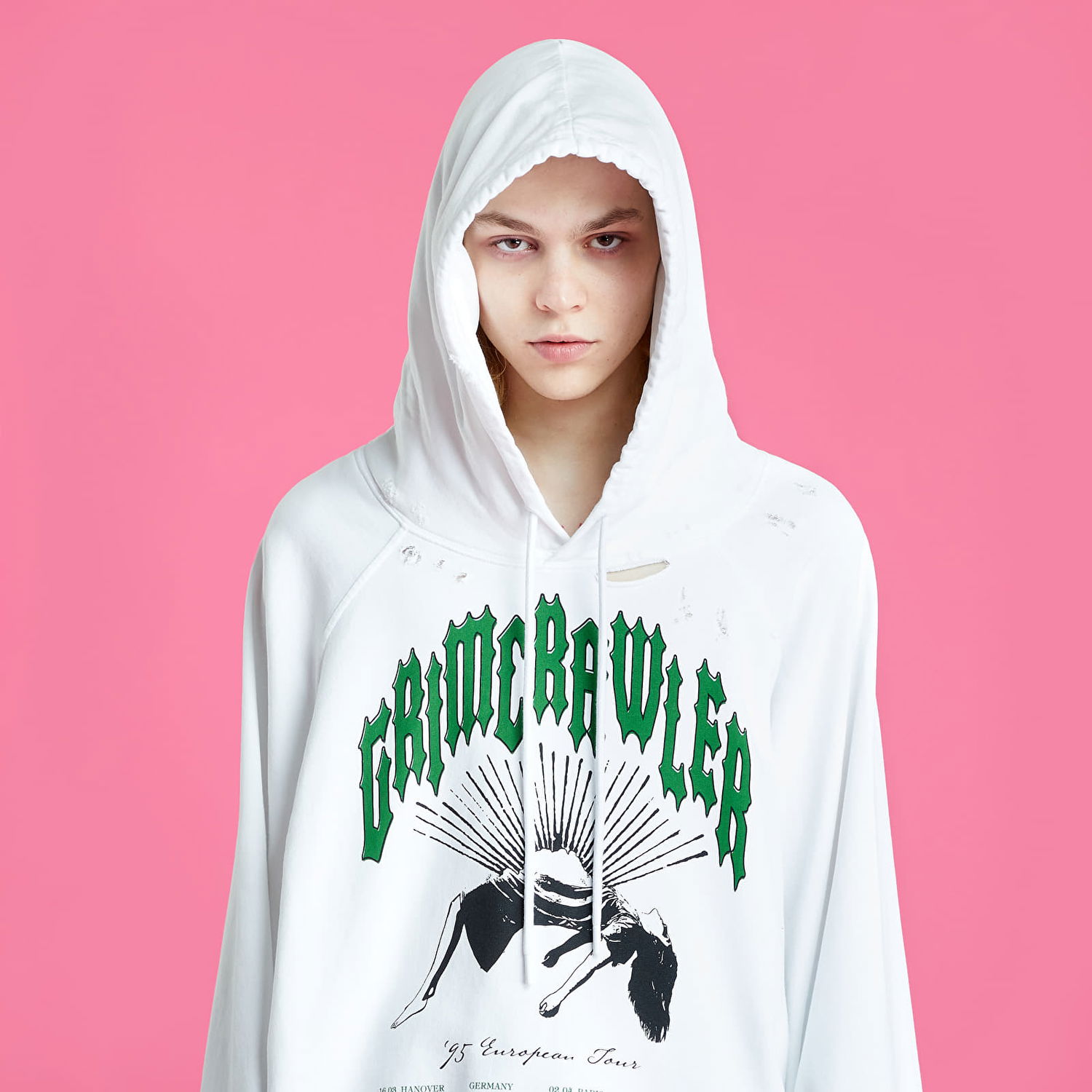Sweatshirt RAF SIMONS Destroyed Oversized Hoodie Hvid | 221-M176-19003-0010, 1