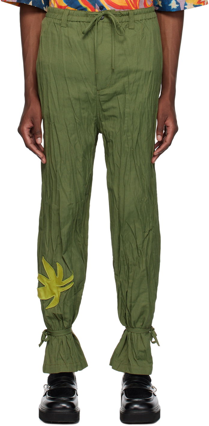 Bukser Marni No Vacancy Inn Edition Crinkled Drawstring Trousers with Leaf Appliqué and Tied Cuffs Grøn | PUMU0228SX UTN906