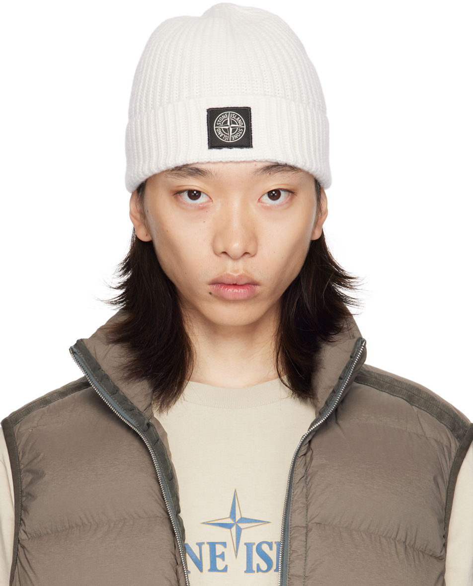 Beanie Stone Island Off-White Knitted Badge Beanie Hvid | 8115N10B5, 0