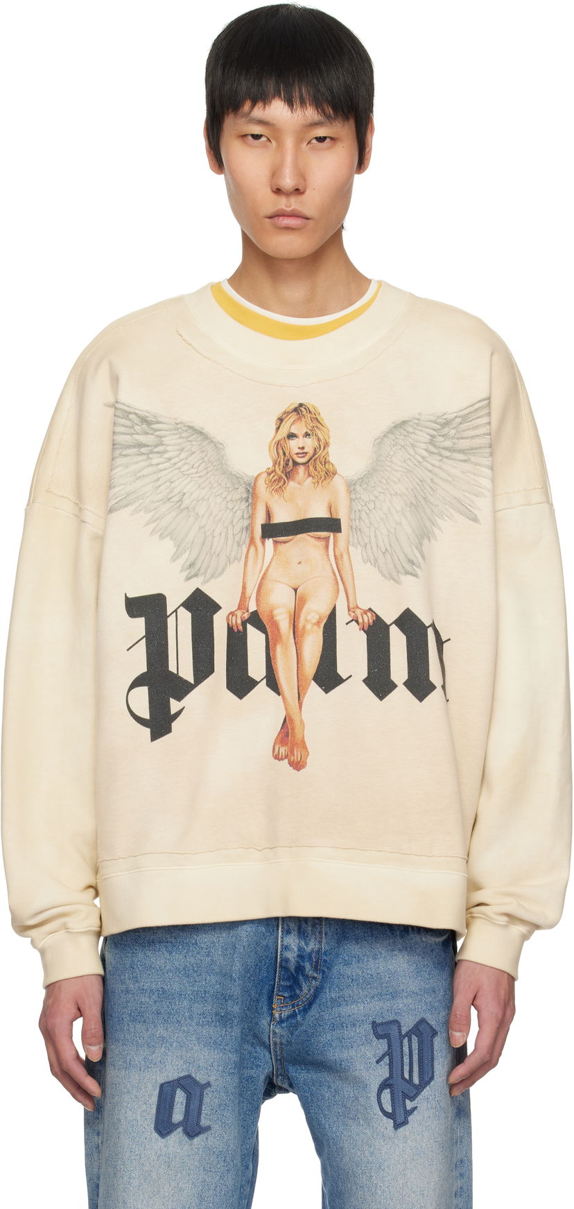Sweatshirt Palm Angels Palm Angels Pin Up Graphic Sweatshirt Beige | PMBA080S25FLE0020B10