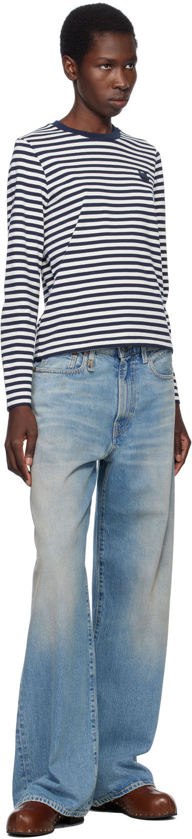 T-shirt MAISON KITSUNÉ Maison Kitsuné Fox Head Patch Striped T-Shirt Mørkeblå | OW00111KA0026, 3