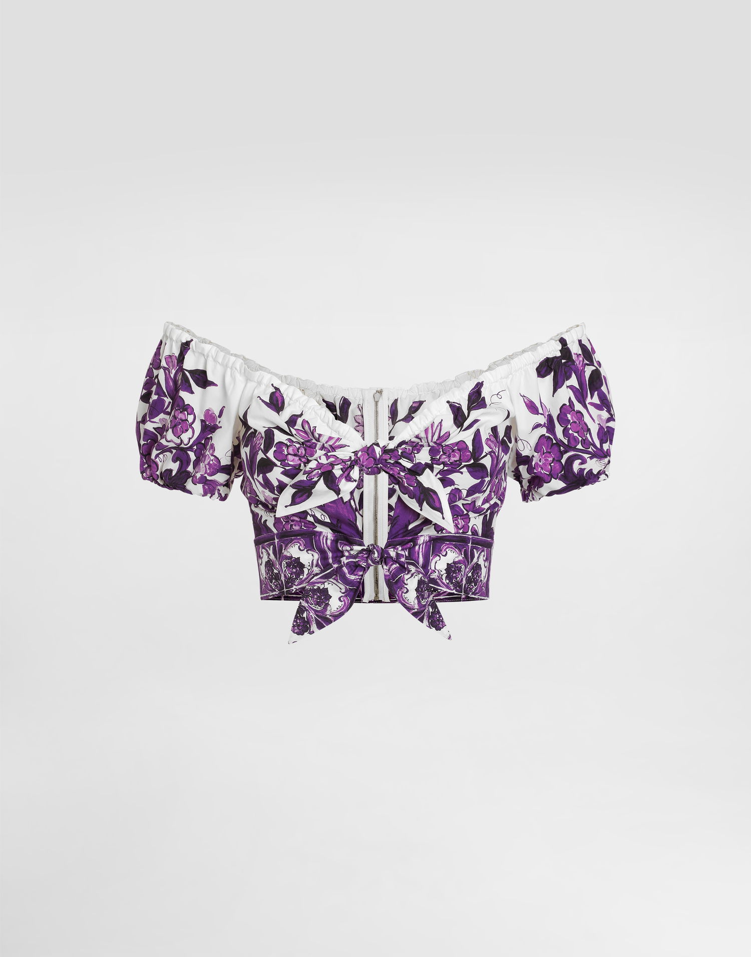 Crop top Dolce & Gabbana Dolce & Gabbana Majolica-Print Poplin Off-Shoulder Tie-Front Top Lilla | F7AV0THH5EPI13TN, 0