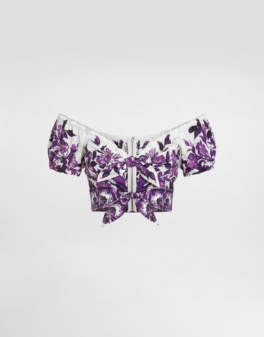 Crop top Dolce & Gabbana Dolce & Gabbana Majolica-Print Poplin Off-Shoulder Tie-Front Top Lilla | F7AV0THH5EPI13TN, 0