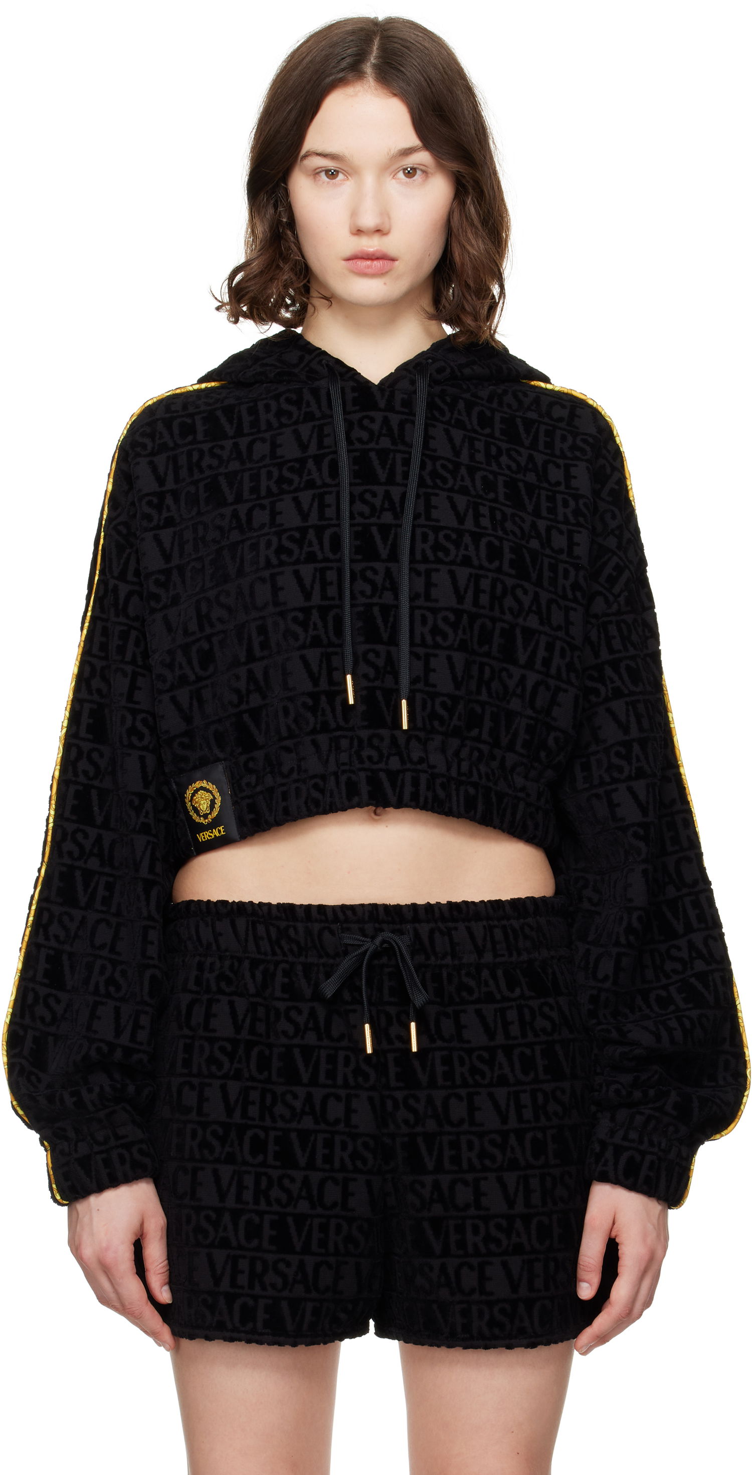 Sweatshirt Versace Versace 'I Heart Baroque' Crop Velour Hoodie Sort | 1020144_1A14584, 0