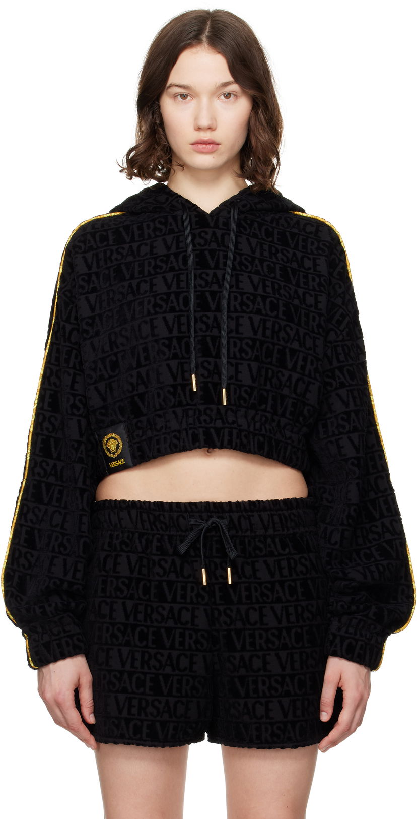 Sweatshirt Versace Versace 'I Heart Baroque' Crop Velour Hoodie Sort | 1020144_1A14584