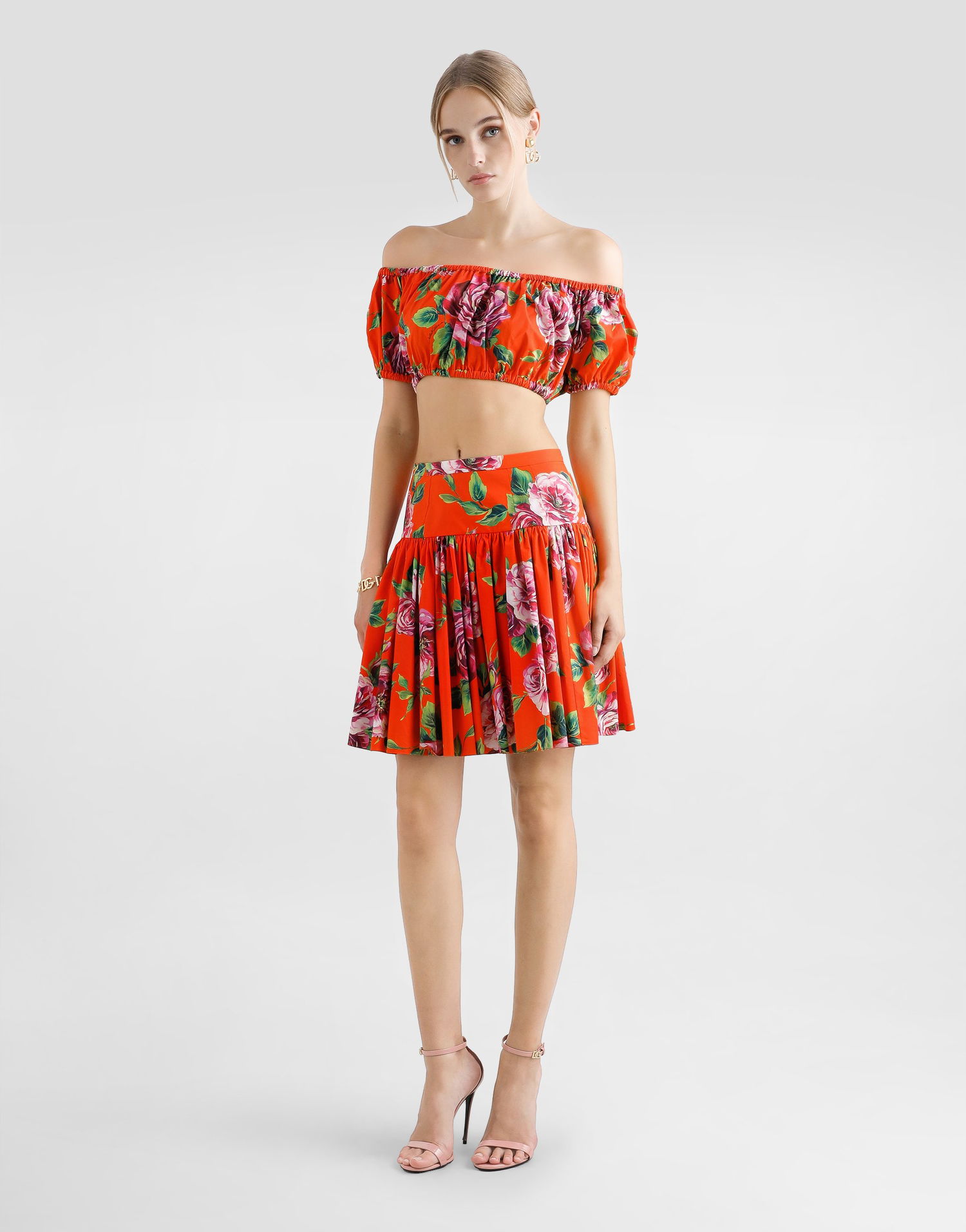 Crop top Dolce & Gabbana Dolce & Gabbana Rose-Print Bardot Top Orange | F755RTHS5TIHO5JA, 1