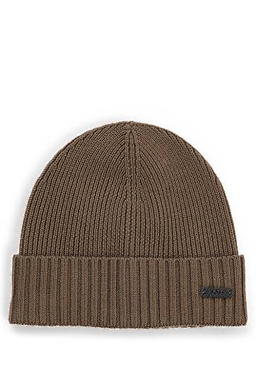 Beanie BOSS Virgin Wool Beanie with Logo Plaque Brun | 50495306