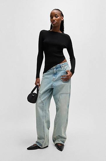 Sweater BOSS HUGO Sheer-Ribbing Asymmetrical Hem Sweater Sort | 50532240, 1