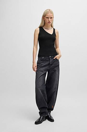Tanktop BOSS Knitted Top with Asymmetrical V-Neck Sort | 50518334, 1