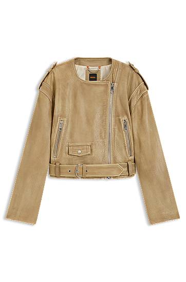 Jakke BOSS Cropped Grained Leather Biker Jacket Beige | 50543026, 0