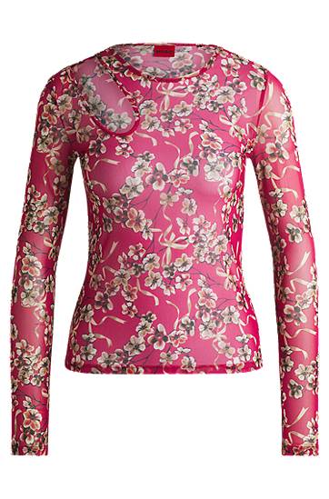 T-shirt BOSS Mesh Top with Cut-Out Neckline and Floral Print Lyserød | 50518545, 0