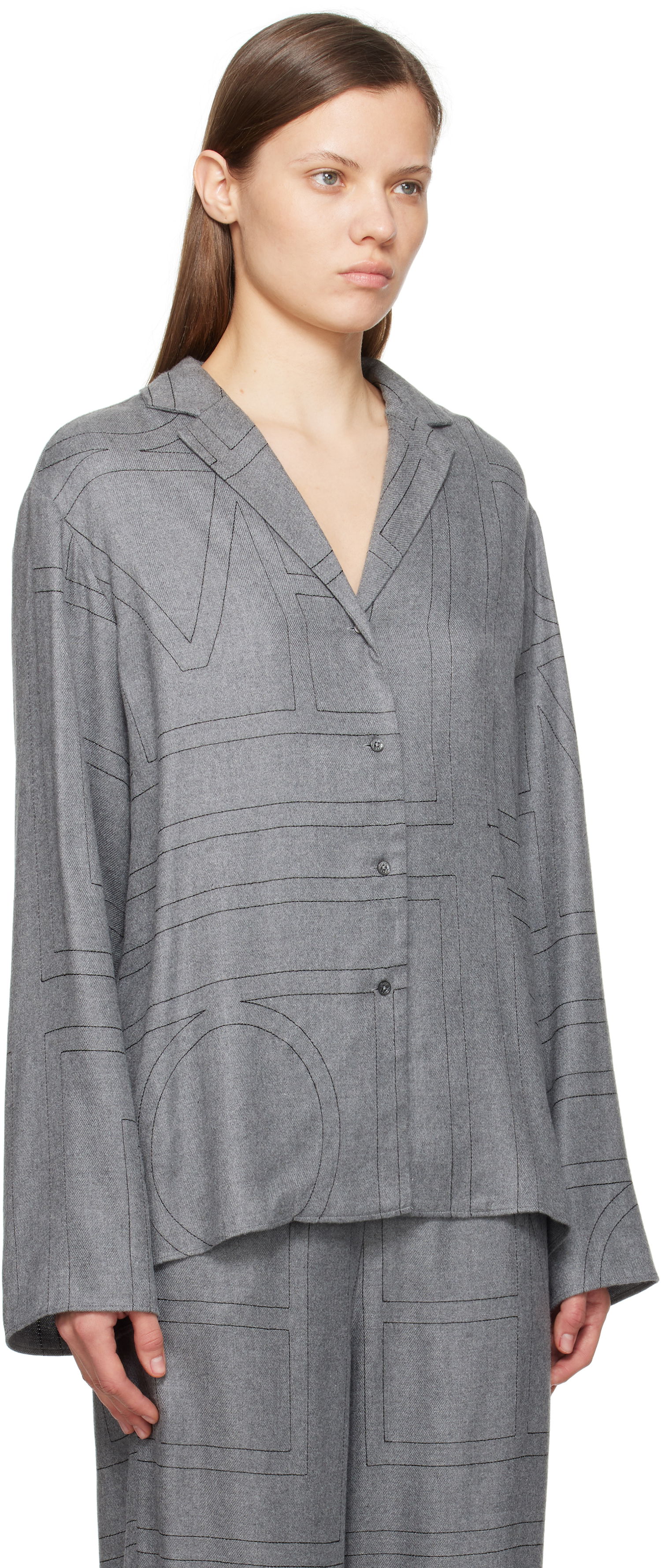 Skjorte TOTEME TOTEME Monogram Flannel Pajama Shirt Grå | 251-WRT976-FB0080, 1