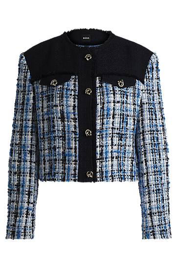 Jakke BOSS Contrast Panel Tweed Jacket with Knot Buttons Blå | 50531888, 0