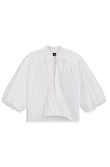 Skjorte BOSS Relaxed-Fit Cotton Poplin Blouse with Tie Neckline Hvid | 50552766, 0