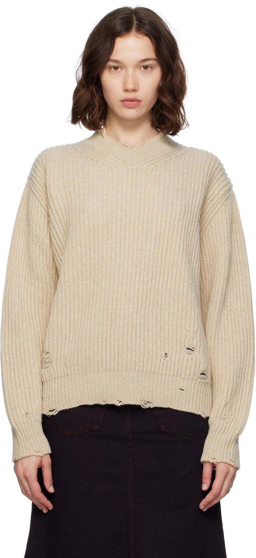 Sweater Maison Margiela MM6 Maison Margiela Distressed Wool Sweater Beige | S52HN0011 M13138
