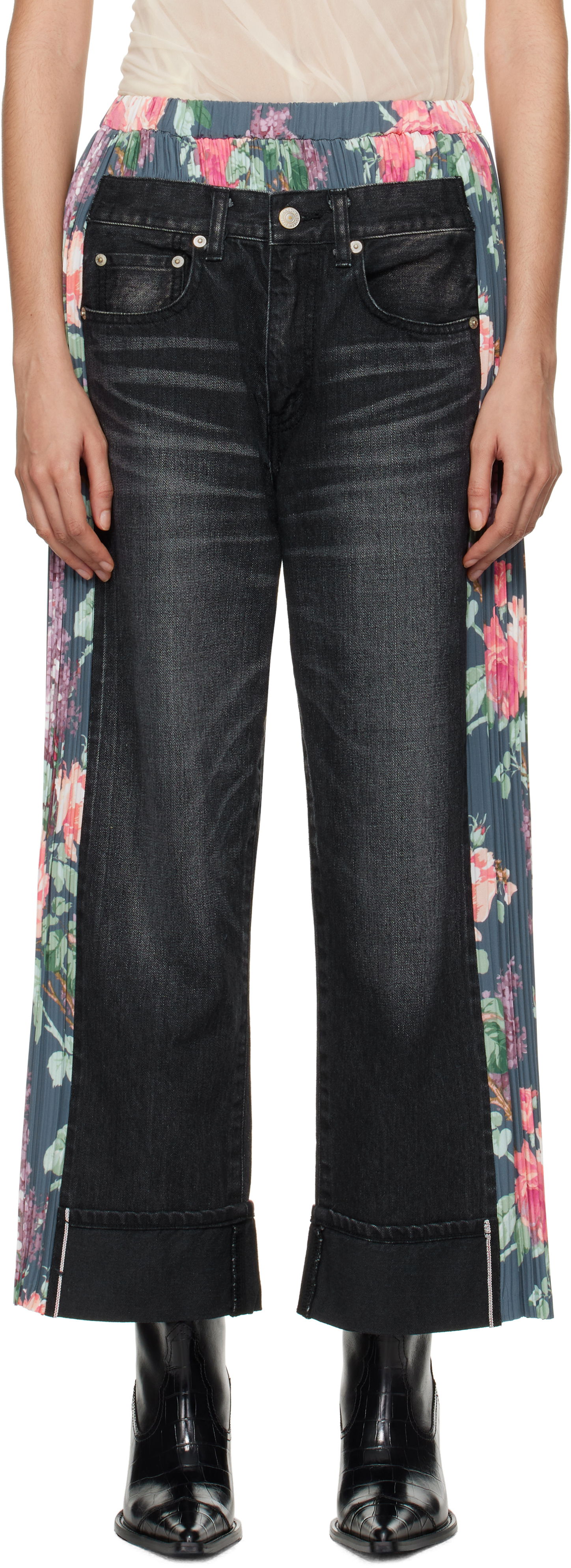 Jeans Junya Watanabe Flower Print Panel Jeans Sort | JN-P107-100, 0