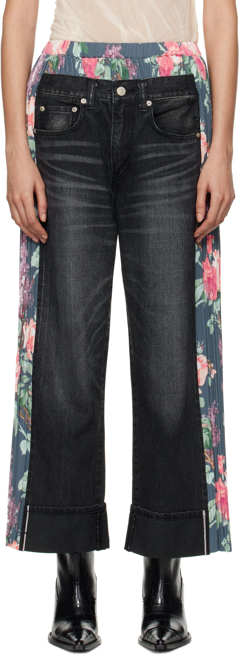 Jeans Junya Watanabe Flower Print Panel Jeans Sort | JN-P107-100