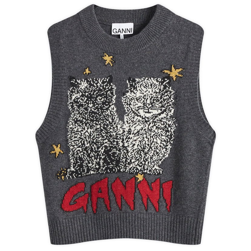 Sweater GANNI Graphic Wool-Blend Vest with Cat Motif Grå | K2375-084