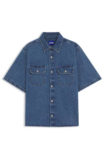 Skjorte BOSS Oversized Denim Shirt with Contrast Stitching Blå | 50545213