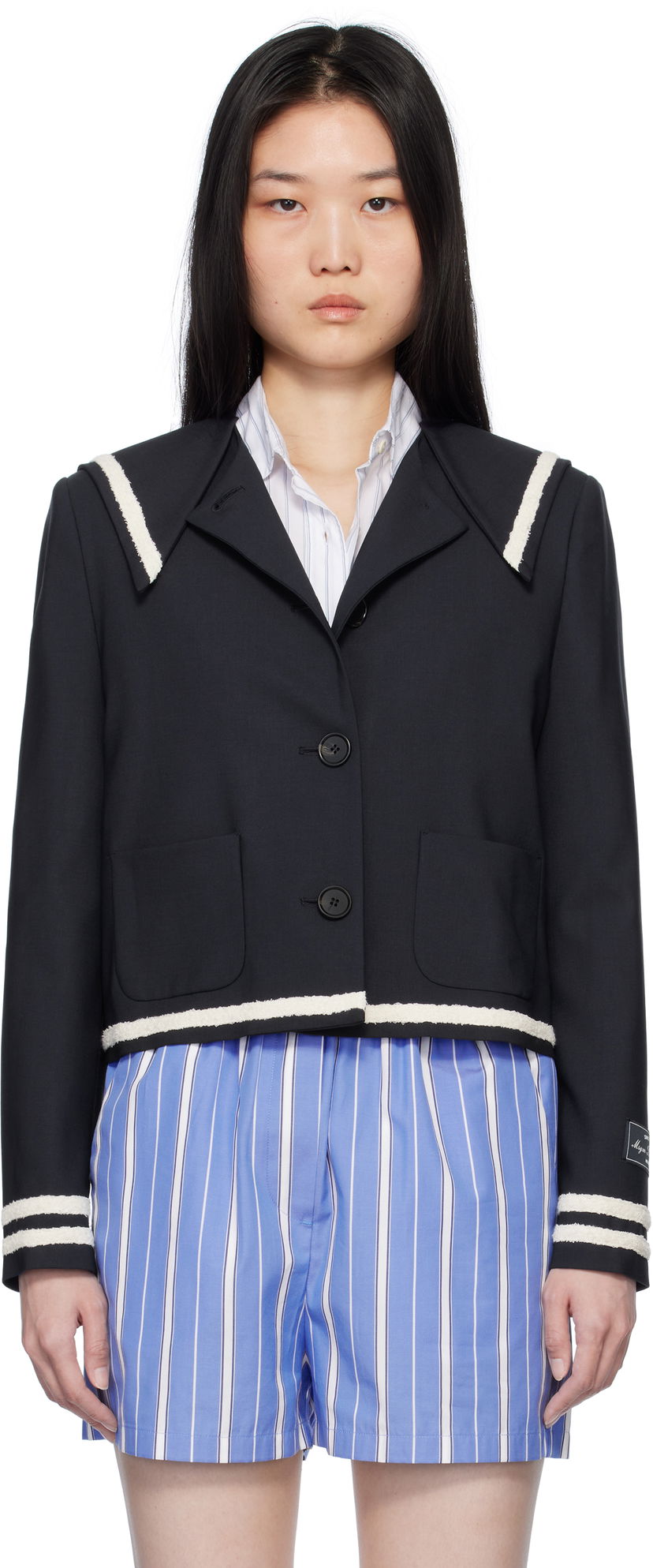 Jakke MSGM MSGM Sailor Collar Cropped Jacket Mørkeblå | 3841MDG02 257127