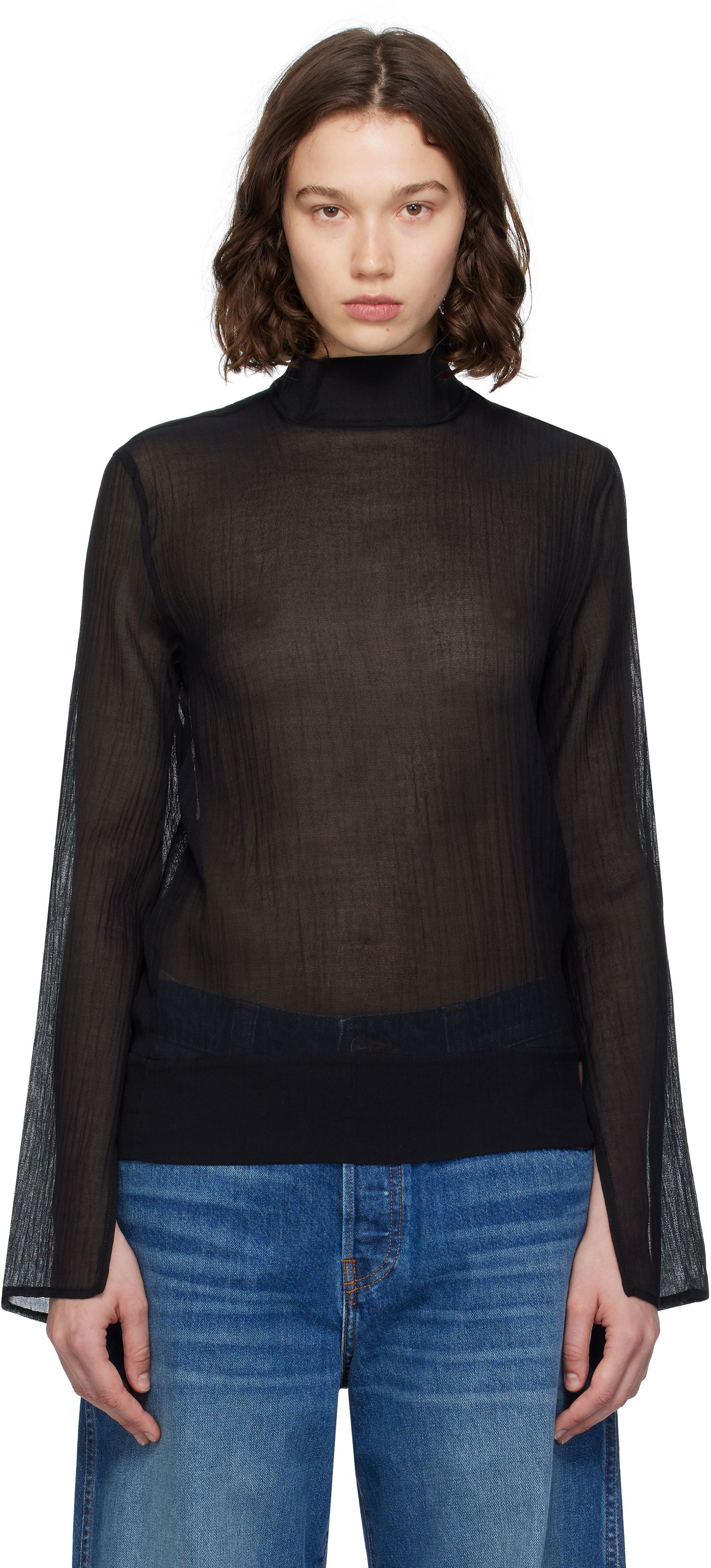 Skjorte TOTEME TOTEME Slit Sleeve Mock Neck Blouse Sort | 253-WRT0546-FB0462, 0