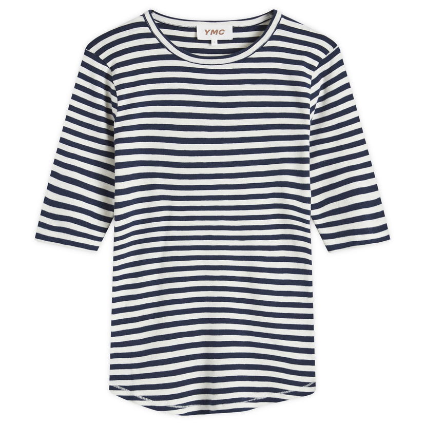 T-shirt YMC Earth Charlotte Striped Short Sleeve Top Blå | Q6AZC-NAVY-WHITE