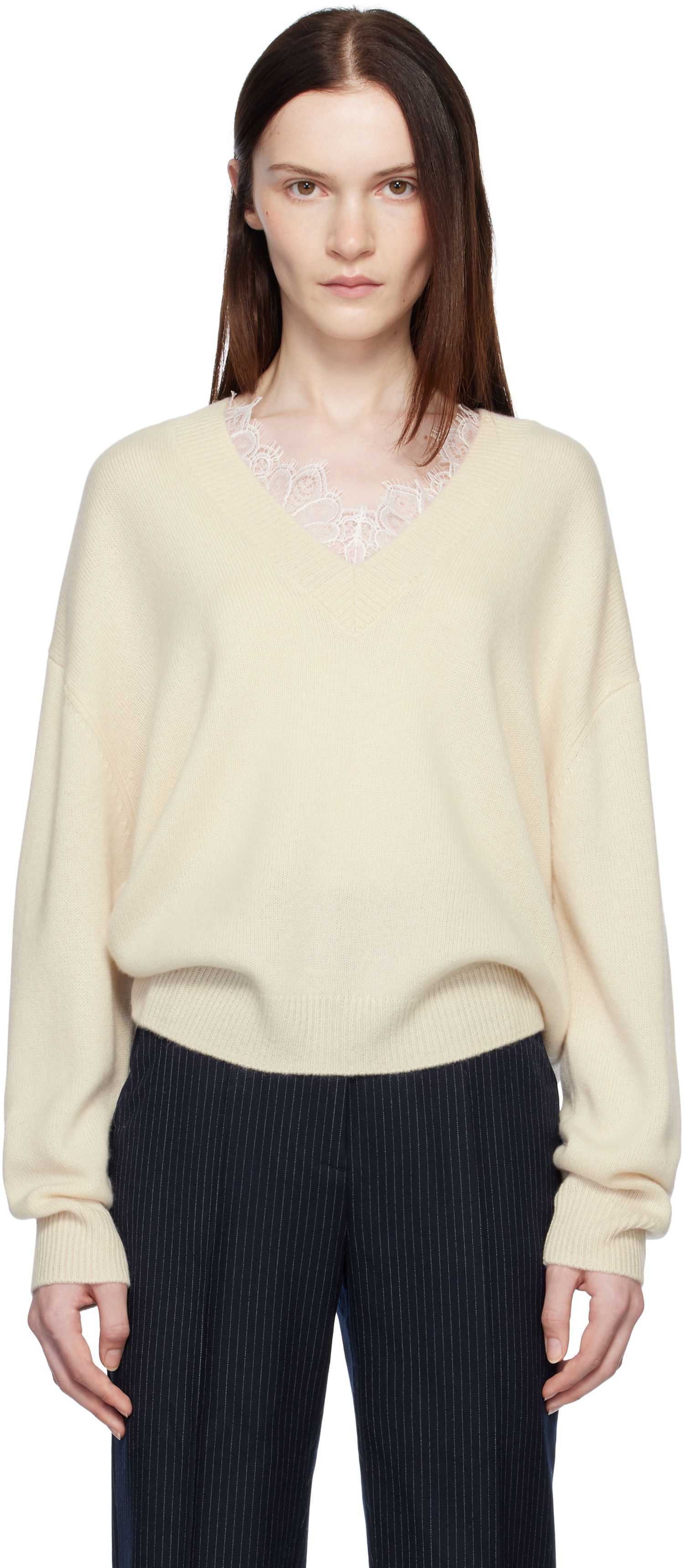 Sweater Anine Bing ANINE BING Lee Lace-Trim V-Neck Sweater Beige | A-09-3280-101, 0