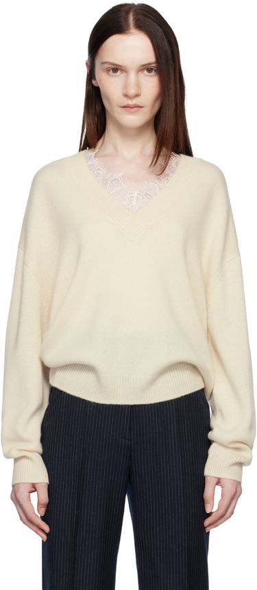 Sweater Anine Bing ANINE BING Lee Lace-Trim V-Neck Sweater Beige | A-09-3280-101, 0