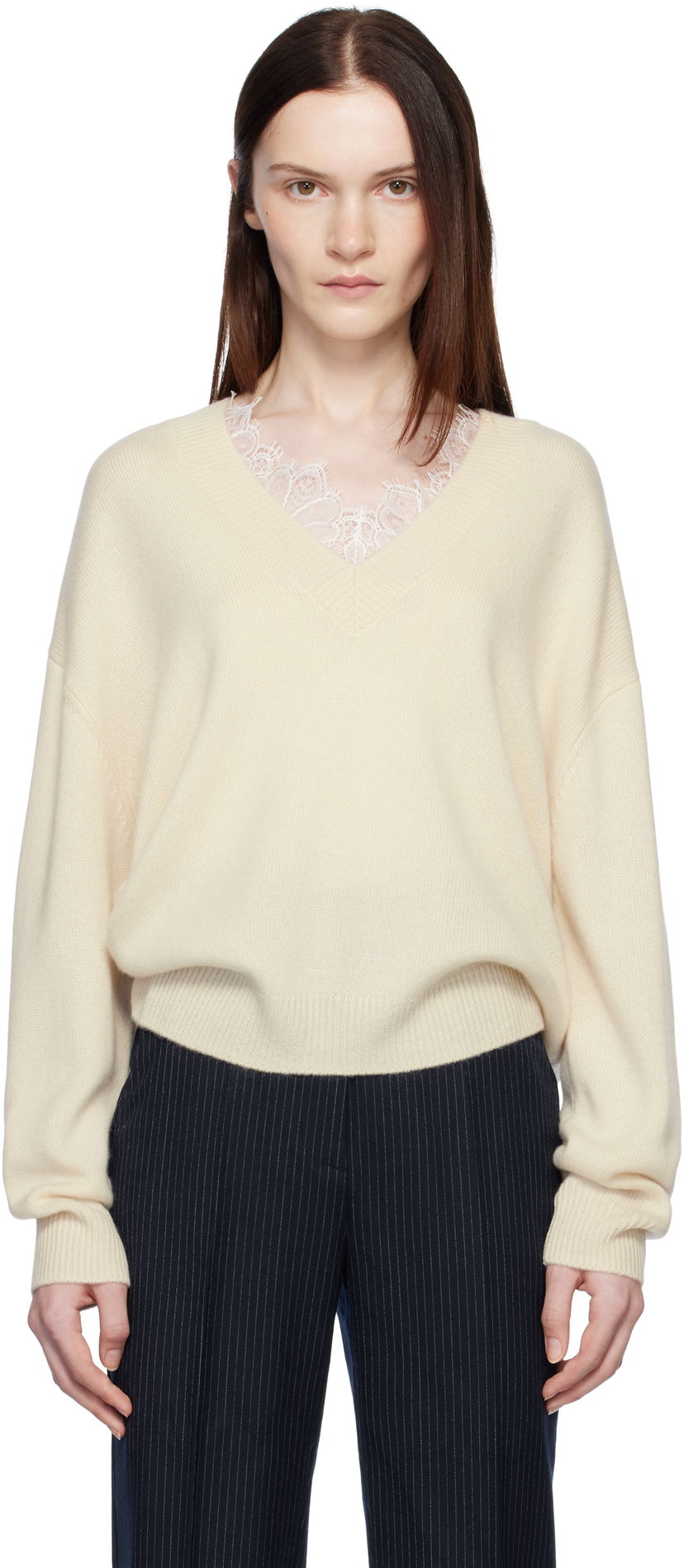 Sweater Anine Bing ANINE BING Lee Lace-Trim V-Neck Sweater Beige | A-09-3280-101