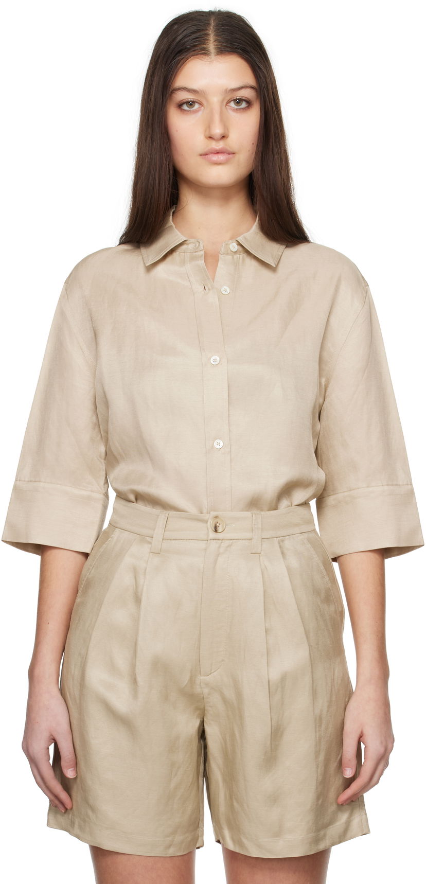 Shorts Anine Bing Anine Bing Mary Linen Collared Shirt Beige | A-07-10803-OMA10