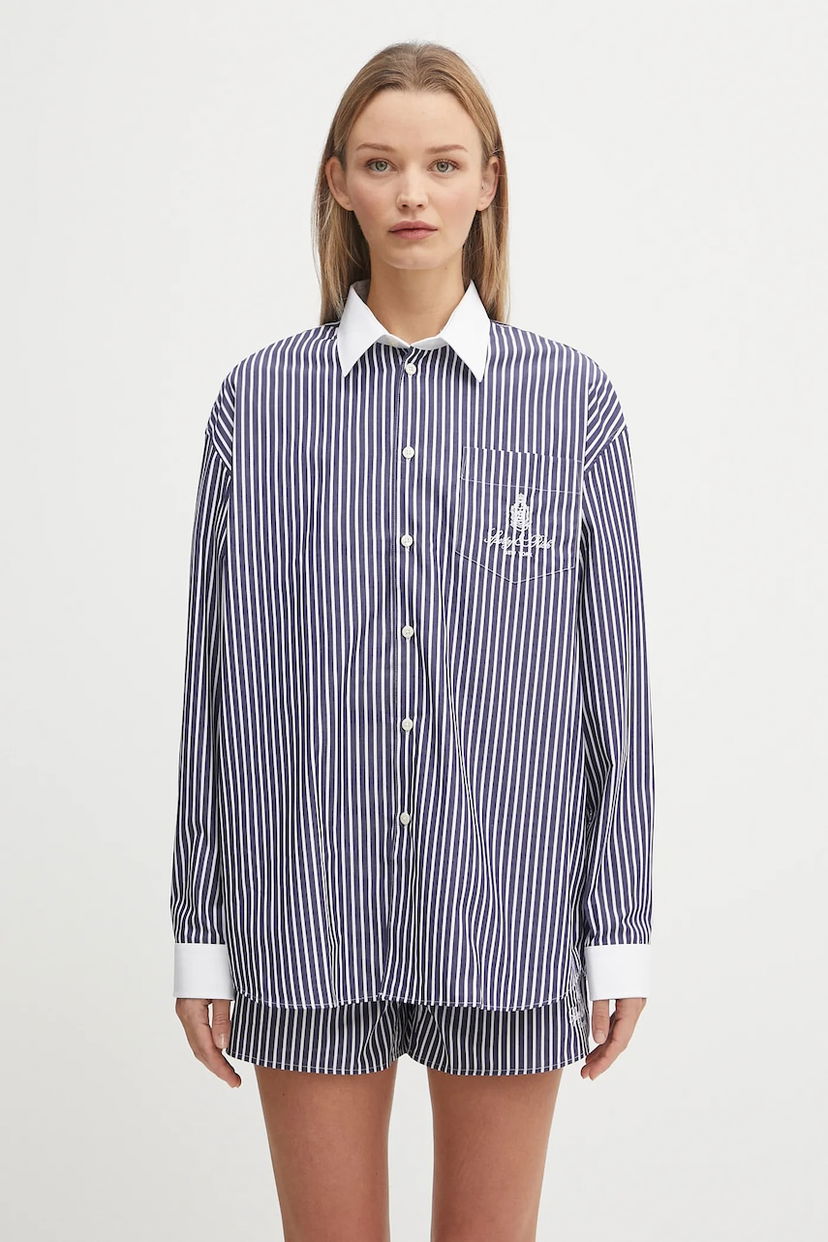 Skjorte Sporty & Rich Sporty & Rich Vendome Oversized Relaxed Striped Cotton Shirt with Classic Collar Mørkeblå | SI019602231ST02