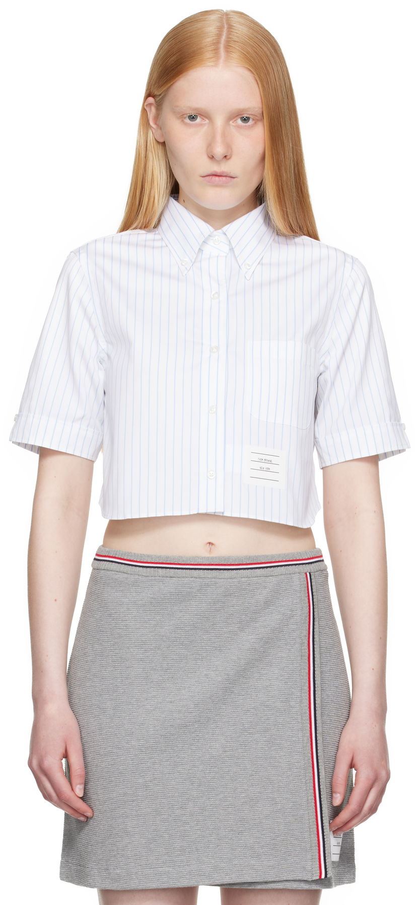 Skjorte Thom Browne Thom Browne Pinstripe Poplin Cropped Short Sleeve Shirt Hvid | FLL205A-F0916