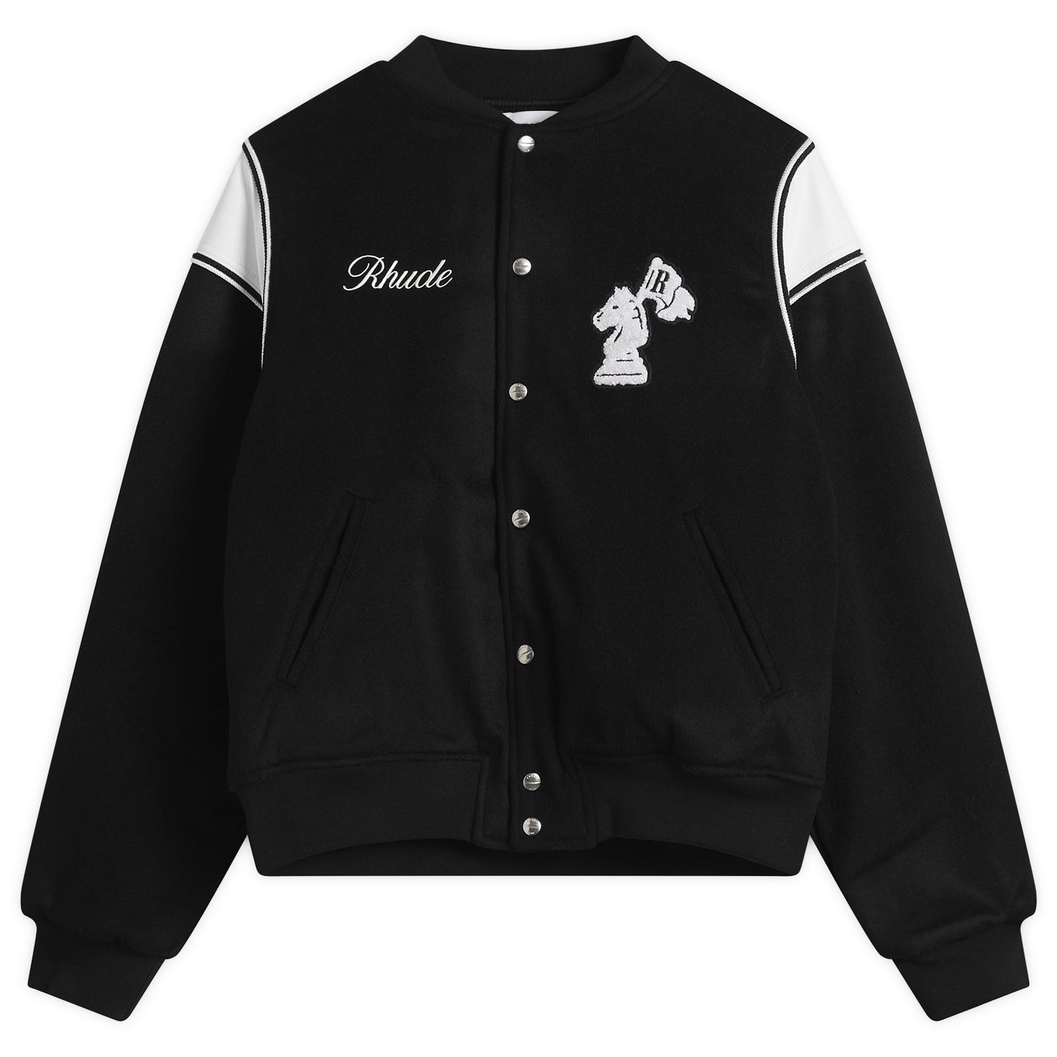 Bomberjakke Rhude Regista Varsity Bomber Jacket with Embroidered Chess Knight, Size Large Sort | RHFW25JA01841-3186, 0